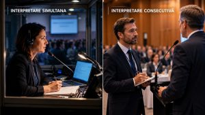 Comparație între interpretarea simultană și cea consecutivă, prezentând un interpret într-o cabină și un altul care ia notițe lângă vorbitor